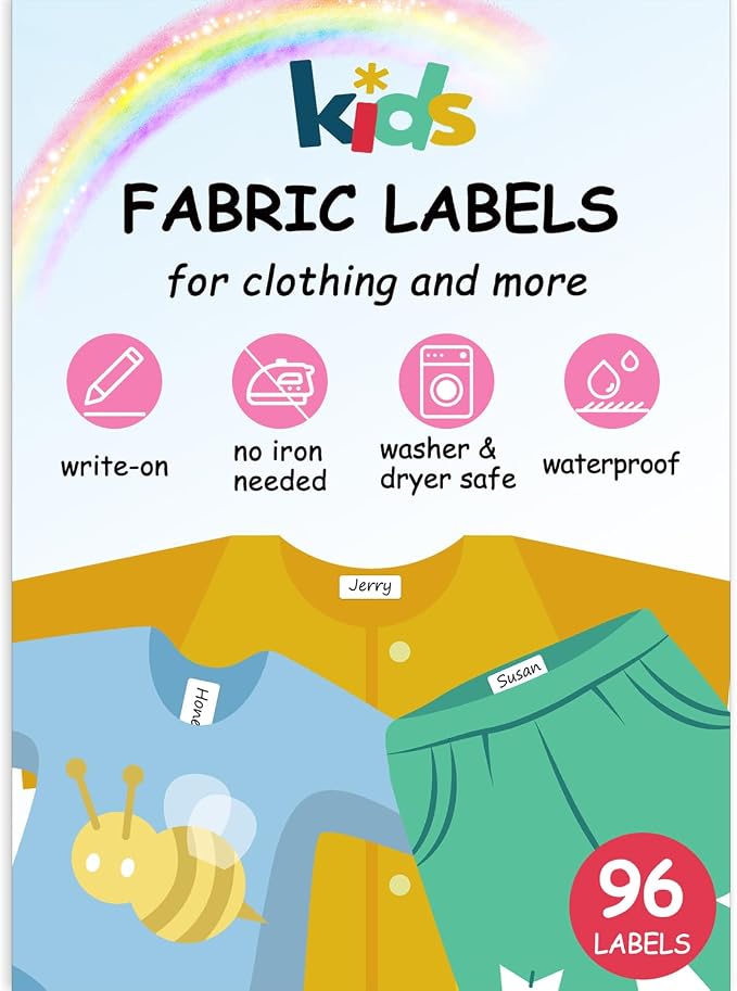No-Iron Fabric Labels, Kids Clothing Labels Self-Stick Write-On, Name Labels for Daycare, Camp, School, Toys, Organizing, Washer & Dryer Safe, Pack of 96, 2 Sizes