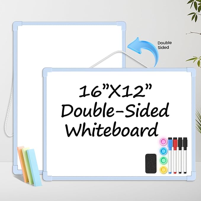 Blue Frame Small Dry Erase Board for Wall, 16" x 12" Double-Sided Hanging Whiteboard with 4 Markers, 4 Magnets and 3 Mini Sticky Notes, Portable Whiteboard for Kids, School, Home, Office