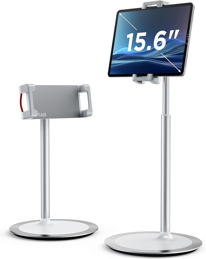 SAIJI iPad Stand for Desk - Tablet Holder Extra-Height 360° Rotating Adjustable Aluminum Alloy Cradle for 4.7"-15.6" iPhone Samsung Kindle Portable Monitor (Silver)