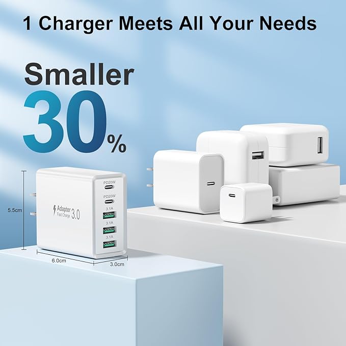 2Pack 5Port USB C Wall Charger Block, 50W Type C Fast Charging Blocks, Multiport USB Wall Charger Plug Adapter Outlet Cube Box Brick Phone for iPhone 16 iPad, Tablet