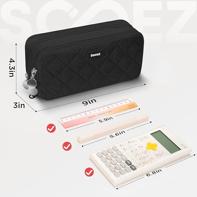 Sooez Large Pencil Case Pouch, Extra Big Pencil Bag with 8 Compartments, Pen Bag Wide Opening, Soft Quilted Pencil Pouch Organizer with Zipper, Portable Pencil Case for Teen Girls, Black