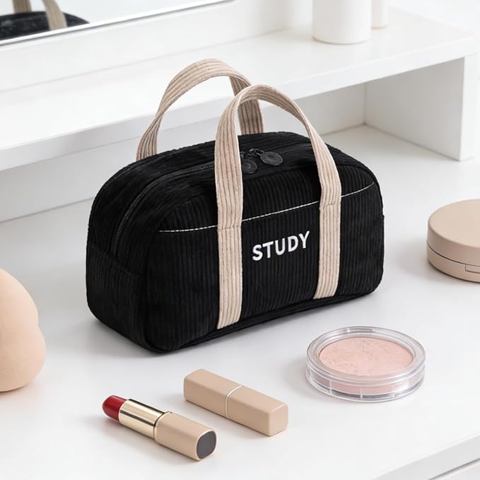 EASTHILL Corduroy Hand-held Pencil Case Large Cute Pencil Pouch Stationery Pen Bag for Teen Girls-Black