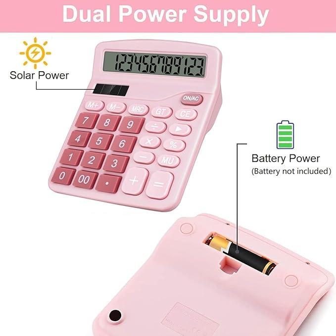 Cute Desktop Basic Calculator for Kids, Dual Solar and Battery Power, Simple 4 Functions and Basic Financial Calculations with Big Buttons and 12 Digit Large Display for Office, Home, School
