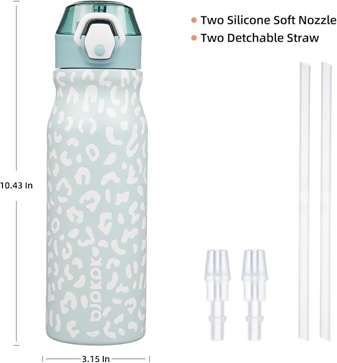 BJPKPK Water Bottle with Straw 25oz Insulated Water Bottles Reusable Stainless Steel Metal Thermal Flask with Leak Proof Lockable Lid and Carry Handle,Light Blue Leopard