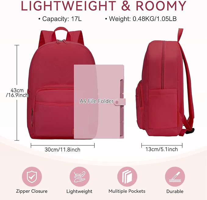 VASCHY School Backpacks, Lightweight Bookbag Schoolbag for Girls Casual Basic Simple Daypack for Women Red