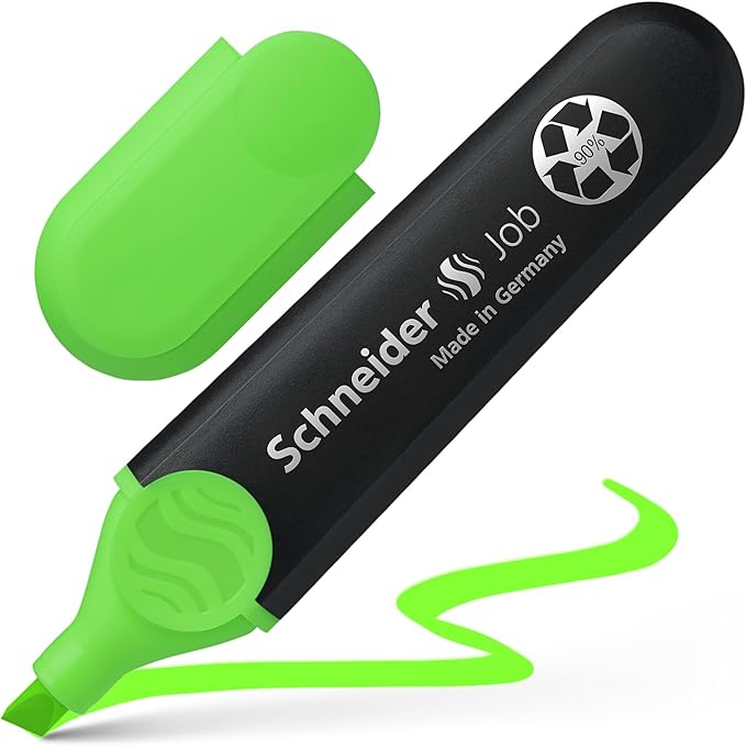 Schneider Job Highlighter, Chisel Tip, 1 + 5 mm, Black Barrel, Green Ink, Box of 10 Highlighters (1504)