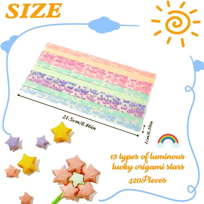 420 Sheets Star Origami Paper, 27 Colors, 8.26 x 0.39 Inches, Rectangular, Uncoated, Origami-Paper, Crafts