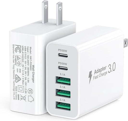 60W Fast Charger Block,2-Pack USB C Wall Charger,5-Port Dual 30W PD Charging Adapter+QC 3.0 Wall Plug Multiport Total power 60W Type C Charging Cube Brick For iPhone 17/16/15/14/13/Pro Max,iPad,Galaxy