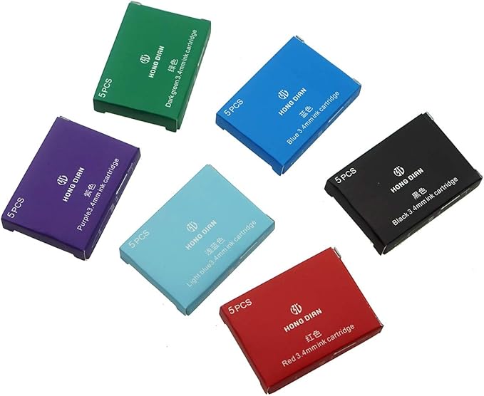 Asvine 30 PCS Hongdian Fountain Pen Ink Cartridges 6 Colors Set (Black, Blue, Green, Red, Purple, Light Blue), 3.4mm Bore Diameter