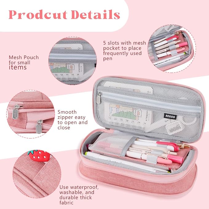 iSuperb Foldable Pencil Case Zipper Big Capacity Aesthetic Canvas Pencil Pouch Compartments Stationery Organizers Pen Bag for Kids Girls Boys Teen Child Student School Supplies (Lotus Pink1)