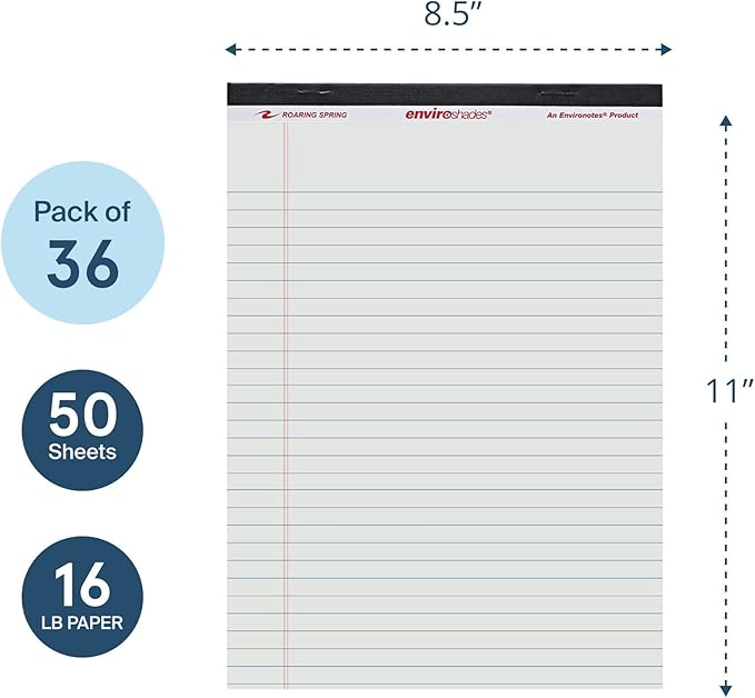 ROARING SPRING Enviroshades Gray Legal Pads, 36 Pack, Legal Ruled Recycled Colored Writing Note Pads, 8.5" x 11", 50 Sheets, Perforated Paper, Made in USA, Memo Pad For School & Office