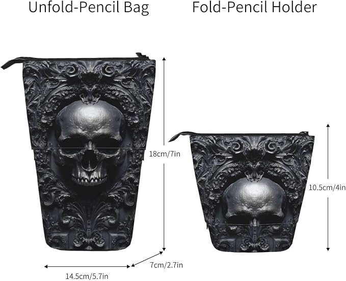 Skull Kids Standing Pencil Case Girls Boys Telescopic Stationary Pouch with Zipper Large Capacity Stand up Pen Bag Portable Makeup Holder for Children School Students Office Supplies