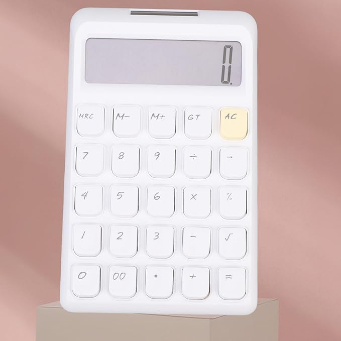 GLOGLOW Solar Power Calculator, ABS Material, 12 Digits Large LCD, Tactile Buttons, Great for Office Study and School Use (White)