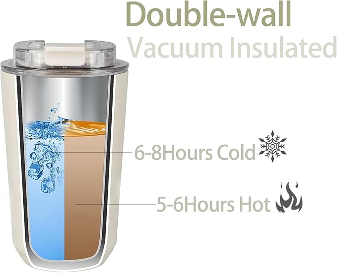 DEQIANG Travel Coffee Cup, Coffee Cup Travel with Lid, Insulated Coffee Mug for Hot & Cold Beverages, Great Gift Choice for Coffee Lovers, Office Workers, Hikers & Commuters (White, 12 oz)