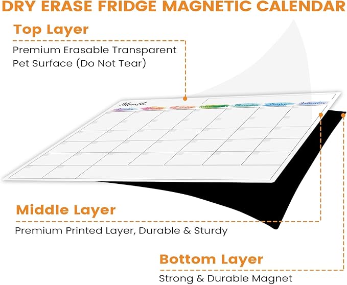 Dry Erase Magnetic Calendar for Refrigerator - 15"x 11.5" Monthly Calendar Whiteboard + 9" x 7" Weekly Planning Board, Fridge Calendar Magnet