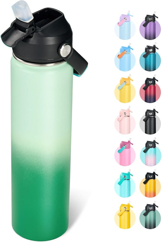 Fijinhom 24oz Insulated Stainless Steel Water Bottle, Wide Mouth Double Wall Vacuum, Silicone Straw, Sweat & Leak Proof, BPA Free Insulated Water Flask for Travel, Green Gradient
