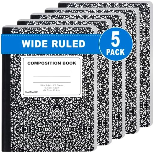 Trail maker 5 Pack Composition Notebooks, Wide Ruled Marble Cover, 200 Pages (100 Sheets), 9.75 x 7.25, Bulk School Supplies for Classroom, Office & School Donations