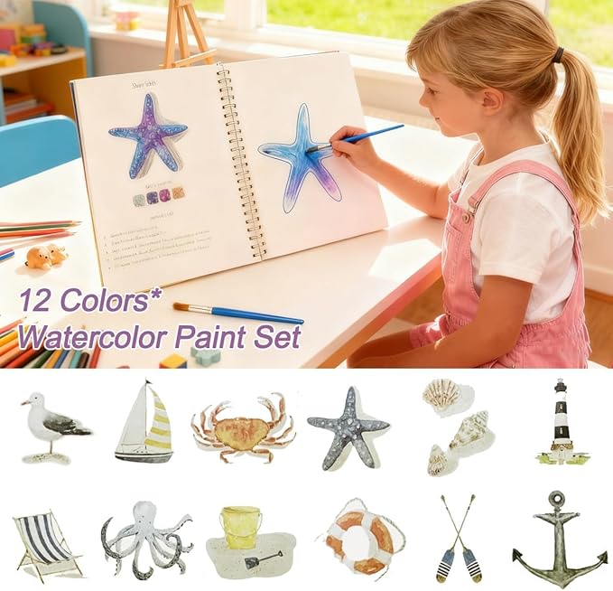 XZGTAND Watercolor Workbook, Water Coloring Book, 12 Different Patterns of Original DIY Designs, 12 Colors Watercolor Paint Set with Palette and Brush, Beginner-Friendly Watercolor Workbooks（Seaside）