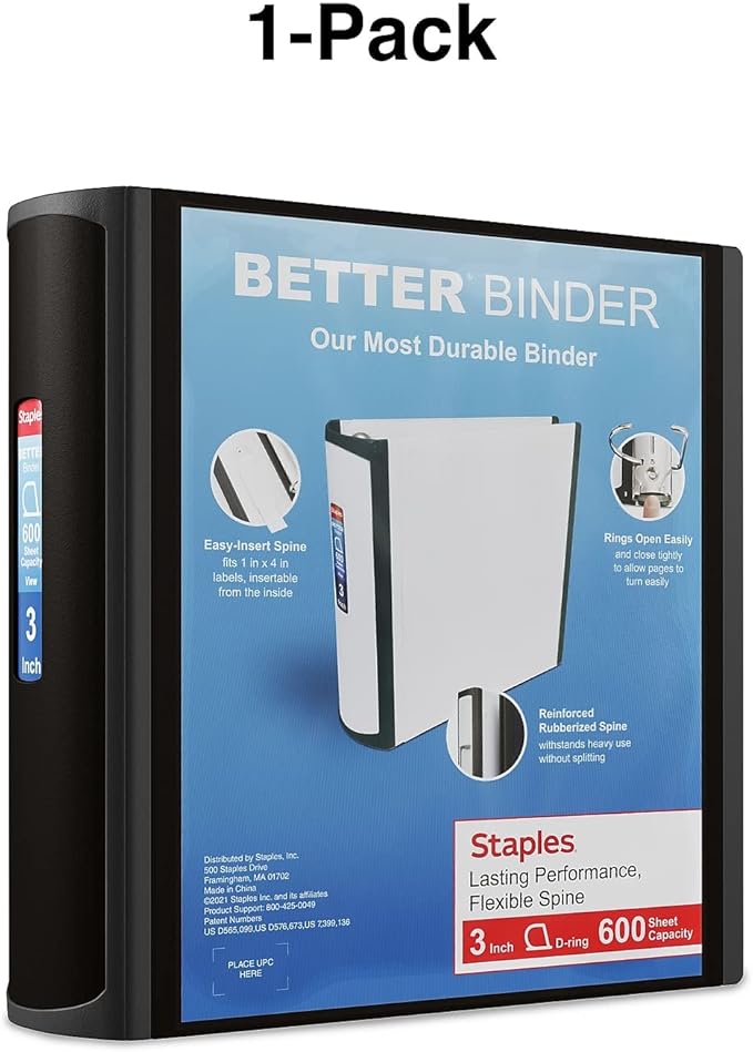 Staples Better 3-Inch D-Ring Binder, Black – Heavy-Duty 3-Ring Binder for School & Office Storage