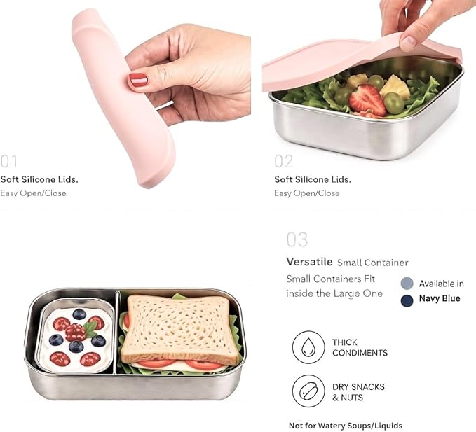 Modaniam Flexibento - Leak proof 47 OZ Stainless Steel Lunch Box Containers with Silicone Lids, Bento Box,Metal lunch Box, Pink-47 OZ-Set Of 2