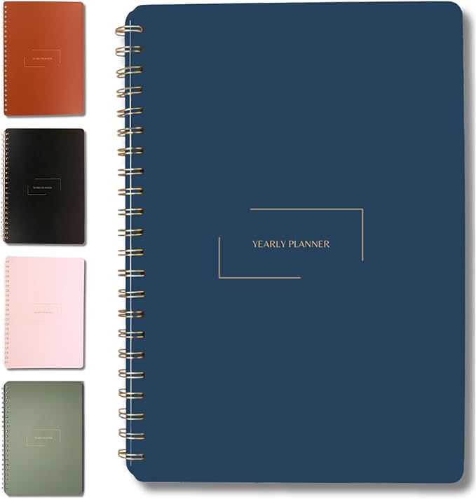 | Undated Yearly, Daily, Weekly, Monthly Planner | 8.25" x 11.75" | To Do List Notebook for Work | Simple Design | Multiple Layouts | Academic Planner and Organizer Notebook (Navy, Yearly Planner - Portrait)