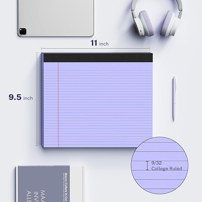 AILZFEI 3 Pack Wide Legal Pads 11" x 9.5" (Landscape Format) Purple College Ruled Note Pad Narrow Ruled 30 Sheets per Notepad Perforated Writing Paper with Thick Backboard Horizontal Pads of Paper