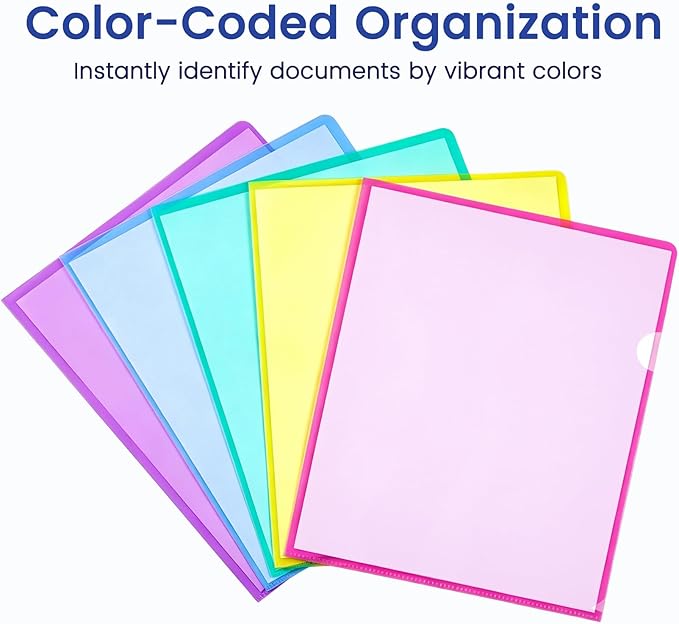 Sooez 50 Pack Clear Document Folder Project Pockets, Clear Plastic Folders Letter Size Plastic Document Folders Paper Poly Jacket Sleeves Folders Copy, 5 Assorted Colors