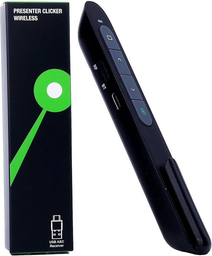 Wireless Presenter Remote with Green Light, Rechargeable PowerPoint Clicker for Mac Windows PC, 2.4GHz USB & Bluetooth, 656ft Range