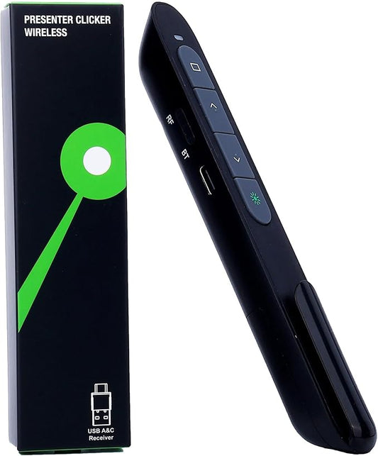 Wireless Presenter Remote with Green Light, Rechargeable PowerPoint Clicker for Mac Windows PC, 2.4GHz USB & Bluetooth, 656ft Range