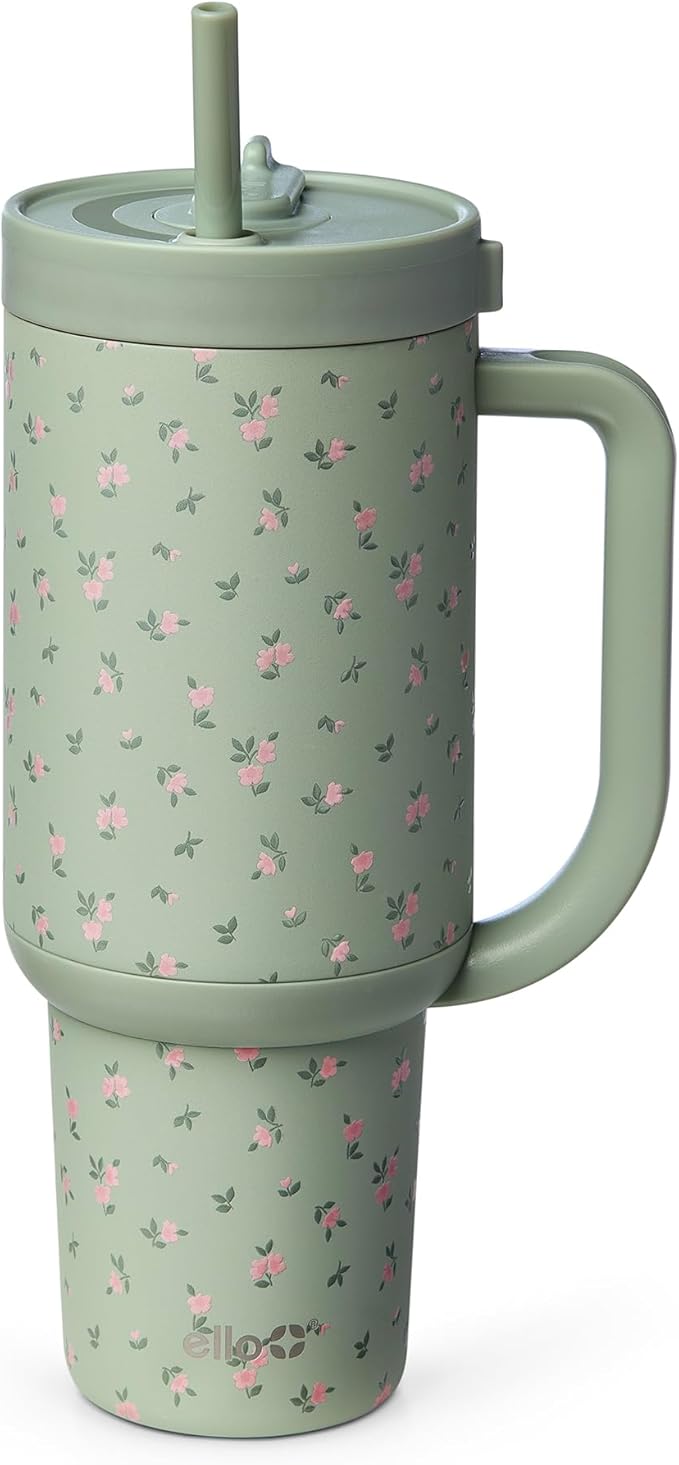 Ello Oasis 40oz Tumbler with Handle & Retracting Straw | Reusable Insulated Stainless Steel Cup 100% Leakproof | Gifts for Teens Women Men | Keeps Cold for 24 Hours | Cup Holder Friendly | Full Bloom