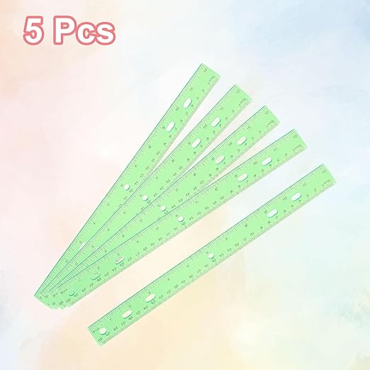 HARFINGTON 5pcs Plastic Rulers 12" (30cm) Clear Straight Ruler Measuring Tool Inches and Centimeters with Hole for Home Office Classrooms Drafting, Clear Green