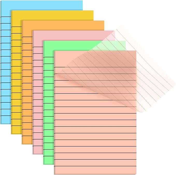 Yinder 6 Pack Pastel Transparent Sticky Notes Translucent Clear Lined Self Stick Note, Back to School Gifts for Bible Tabs, Book Tabs, School Supplies Office, 30 Sheets/Pack, 4 x 6'' (Rainbow Color)