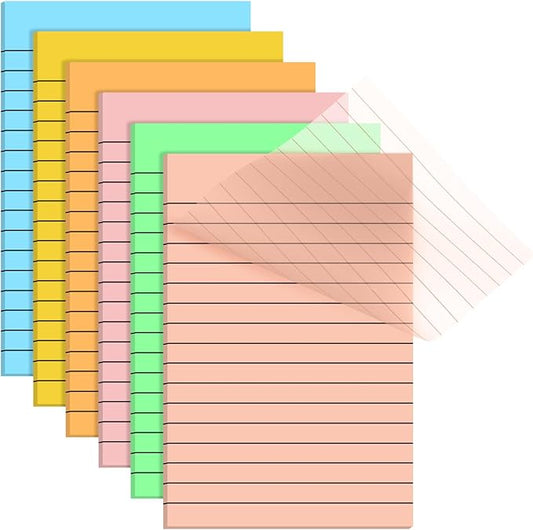 Yinder 6 Pack Pastel Transparent Sticky Notes Translucent Clear Lined Self Stick Note, Back to School Gifts for Bible Tabs, Book Tabs, School Supplies Office, 30 Sheets/Pack, 4 x 6'' (Rainbow Color)