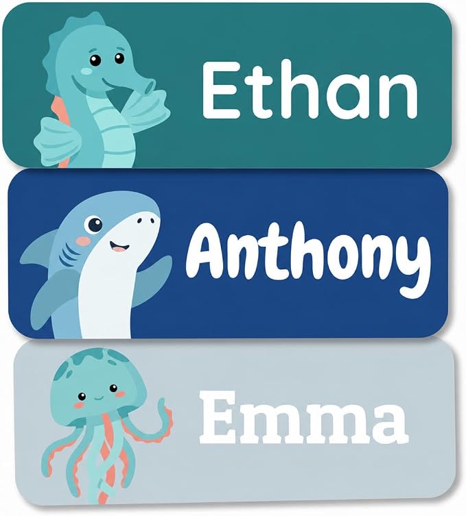 Bunny Badges Personalized Name Labels for Kids (60, 120, or 240 Count) Custom Daycare Labels & Name Stickers for Clothing Tags, Water Bottles, Lunch Boxes and School Supplies (Ocean Animals)