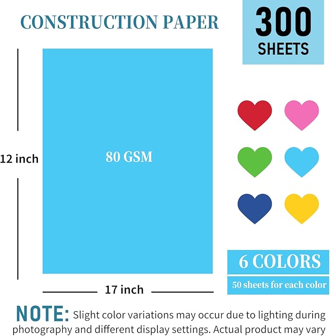 300 Sheets Construction Paper Assorted Colors for Art Supplies 12"x 17.3", 80gsm Colored Craft Paper Medium Weight for Arts Drawing Party Decoration