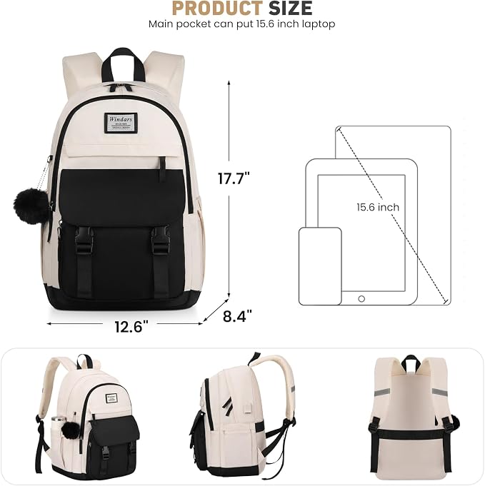 WINDARS School Backpack with Lunch Box for Teen Girls, Cute College Backpacks for Women Students Aesthetic Bookbag Large 15.6 Inch Laptop Bag Middle School Travel Back Pack (Black Beige-3 Pcs)