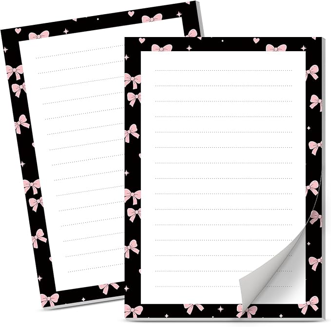 Lined Sticky Notes 4x6 in, 2 Pack Large Cute Notepads with Lines Self-Stick Note Pad, Funny Memo Pads Strong Adhesive for Office, Home Black Cute Pink Bowtie