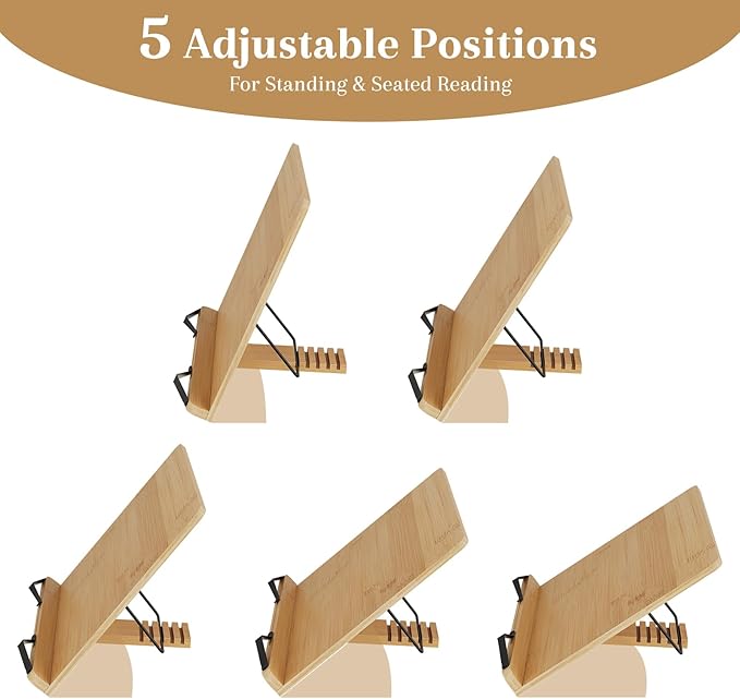 Large Bamboo Book Stand, Adjustable Book Holder, Music Stand - Lightweight and Stable for Cookbook, Textbook, Notebook, Desk Home Office Kitchen