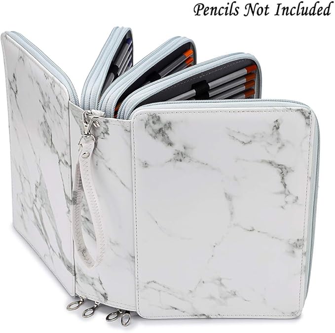 BTSKY 200 Slots Colored Pencil Organizer - Deluxe PU Leather Pencil Case Holder With Removal Handle Strap Pencil Box Large for Colored Pencils Watercolor Pencils White Marble