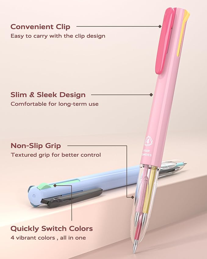 Four Candies Multicolor Pen, 4-in-1 Gel Ink Pens, 6 Pack, 18 Colors, 0.5mm | Retractable Multi Color Pens Fast Dry, Gift Pens for Planner Journaling,Back to School Supplies & Nurse Accessories for Work