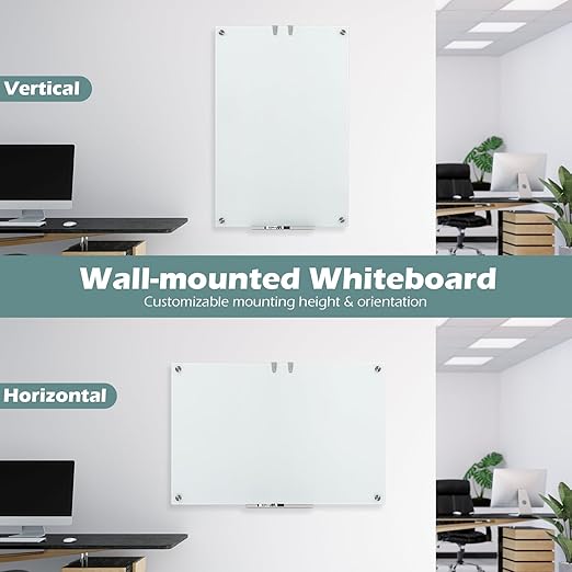 Goplus Magnetic Glass Whiteboard, 36" x 24" Wall Mounted White Board with Eraser, Accessory Tray, 2 Markers, 4 Strong Magnets, 2 Hanging Hooks, Frameless Glass Dry Erase Board for Office, School, Home