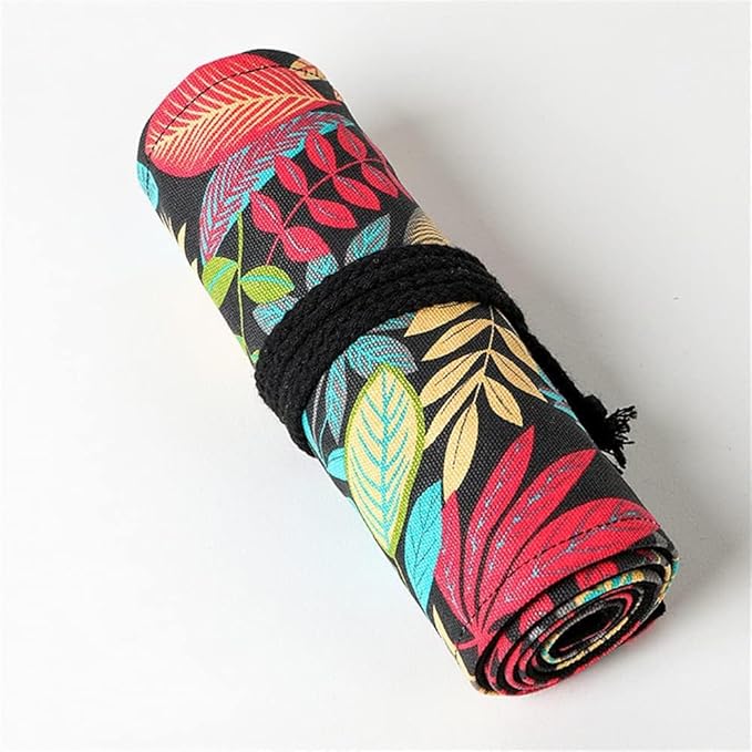 DIYOMR 12/24/36/72 Slots Pencil Wrap Pencil Rolls, Artist Colored Pencil Roll Up Bag Short Brush Pouch Case Pencils Organizer for Drawing Coloring and Sketching, No Pencils (Colorful Leaves, 12slots)