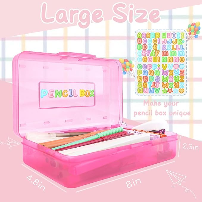 Blue Large Plastic Pencil Box 3 Pack with Aesthetic Design and Hard Case, Comes with Stickers in Pink and Clear Colors