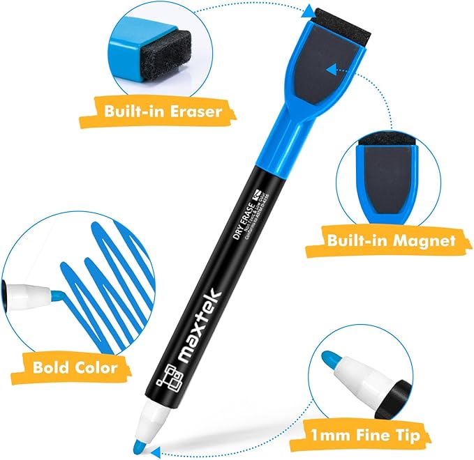 maxtek 60 Count Magnetic Dry Erase Markers, Fine Tip, 12 Colors, Low Odor Whiteboard Markers with Built-in Eraser