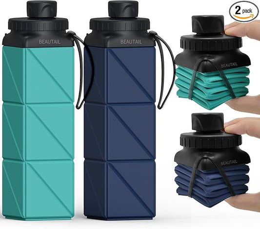 BEAUTAIL Collapsible Water Bottles 21 oz, Silicone Portable Water Bottle | BPA Free, Leakproof & Reusable, Foldable Water Bottle for Travel, Hiking, Camping, Cycling, School, 2-Pack, Blue+DarkBlue