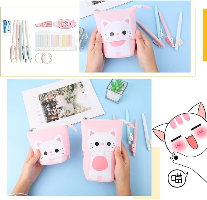 iSuperb Standing Pencil Pouch Pencil Case Cute Cat Telescopic with Zipper Canvas Kwaii Cartoon Pencil Bag Stationery Box for Kids Girls Boys School Supplies 7.5 x 4.9 x 3.0inch/4.1x 3.0inch