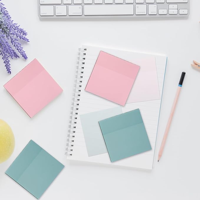 Transparent Sticky Notes,6 Pack 3x3 in，Clear Sticky Notes，Self-Adhesive Waterproof Translucent ，Clear Notes， for Bible,School, Office (Pink + Blue, 3 * 3 Inch)