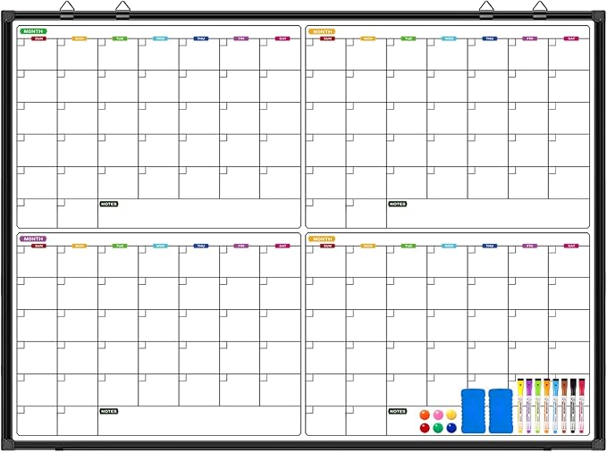 Calendar Whiteboard for Wall 48" x 36", Magnetic 4 Month Dry Erase Calendar for Wall, Dry Erase Board for Home School and Office Organization