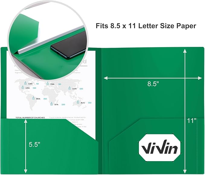 ViVin 60-Pack Green Plastic Folders with Pockets, Fits 8.5 x 11 Inch Letter Size Papers, Sturdy 2 Pocket Folders, Plastic Pocket Folder for Home School and Office