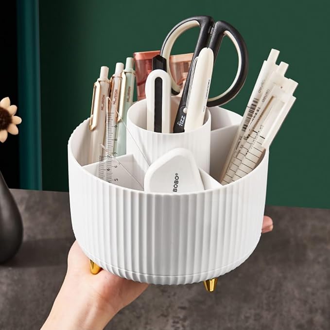 Desk Pencil Pen Holder, 5 Slots 360°Degree Rotating Pencil Pen Organizers for Desk, Desktop Storage Stationery Supplies Pencil Cup Pot for Office School Home Art Supply. (White)